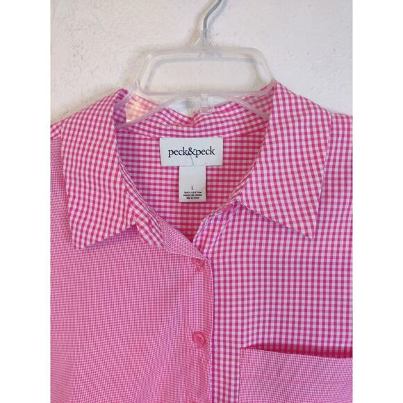 Plaid Asymmetrical Long Sleeve Button Down Shirt Blouse Pink Size L - Picture 9 of 11